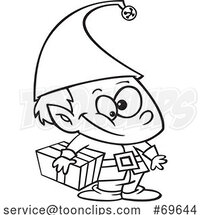 Cartoon Black and White Christmas Elf Kid Holding a Gift by Toonaday
