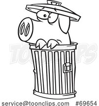 Cartoon Black and White Scared Pig Hiding in a Trash Can by Toonaday