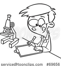 Cartoon Black and White Boy Taking Notes by a Microscope by Toonaday