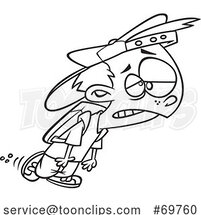 Black and White Outline Cartoon Unexcited or Tired School Boy by Toonaday