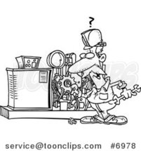 Cartoon Black and White Line Drawing of a Mechanic Working on a Machine by Toonaday