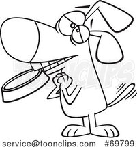 Black and White Outline Cartoon Dog Beggar with a Bowl in His Mouth by Toonaday