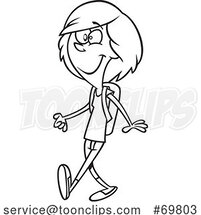 Black and White Outline Cartoon Girl Walking to School by Toonaday