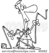 Cartoon Black and White Line Drawing of a Guy Trying to Use Measuring Tape by Toonaday