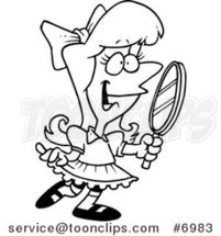 Cartoon Black and White Line Drawing of a Pretty Girl Holding a Mirror by Toonaday