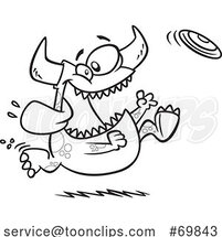 Black and White Outline Cartoon Monster Chasing a Frisbee by Toonaday