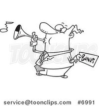 Cartoon Black and White Line Drawing of a Guy Holding a Bonus and Blowing a Horn by Toonaday