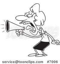 Cartoon Black and White Line Drawing of a Business Woman Using a Megaphone by Toonaday