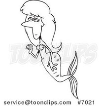 Cartoon Black and White Line Drawing of a Swimming Mermaid by Toonaday