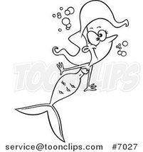 Cartoon Black and White Line Drawing of a Happy Swimming Mermaid by Toonaday