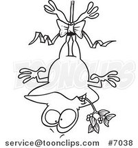 Cartoon Black and White Line Drawing of a Frog Hanging Upside down with Mistletoe by Toonaday
