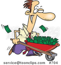 Cartoon White Business Man Pushing a Wheelbarrow Full of Cash by Toonaday