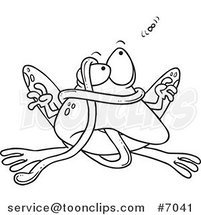 Cartoon Black and White Line Drawing of a Frog Tangled in His Tongue by Toonaday