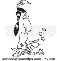 Cartoon Black and White Line Drawing of a Native American Guy Fanning a Fire with a Memo by Toonaday