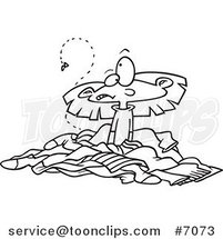 Cartoon Black and White Line Drawing of a Girl in a Pile of Stinky Laundry by Toonaday