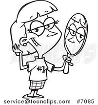 Cartoon Black and White Line Drawing of a Lady Staring Vainly in a Mirror by Toonaday