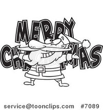 Cartoon Black and White Line Drawing of Santa over MERRY CHRISTMAS by Toonaday