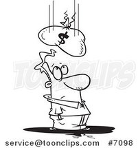 Cartoon Black and White Line Drawing of a Money Bag Falling on a Guy by Toonaday