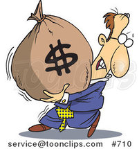 Cartoon White Business Man Carrying a Heavy Money Bag by Toonaday