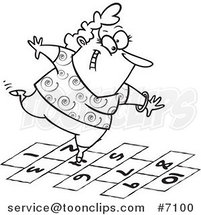 Cartoon Black and White Line Drawing of a Happy Lady Playing Hopscotch by Toonaday