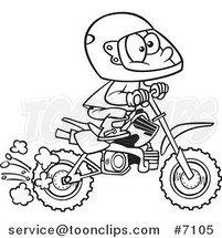 Cartoon Black and White Line Drawing of a Boy Riding a Dirt Bike by Toonaday