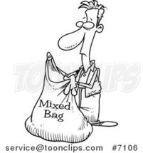 Cartoon Black and White Line Drawing of a Guy Holding a Mixed Bag by Toonaday