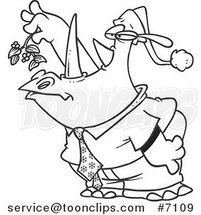 Cartoon Black and White Line Drawing of a Business Rhino Holding Mistletoe and Puckering by Toonaday