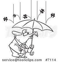 Cartoon Black and White Line Drawing of Money Raining down on a Business Man by Toonaday