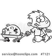 Cartoon Black and White Line Drawing of a Rich Boy Pulling His Piggy Bank in a Wagon by Toonaday