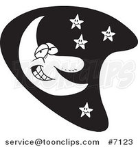 Cartoon Black and White Line Drawing of a Smiling Moon and Stars by Toonaday