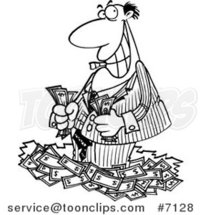 Cartoon Black and White Line Drawing of a Rich Business Man Standing in Cash by Toonaday