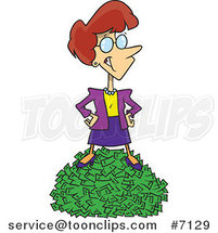 Cartoon Rich Business Woman Standing on Cash by Toonaday