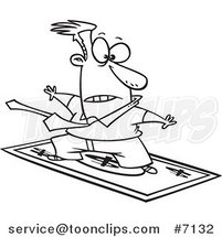 Cartoon Black and White Line Drawing of a Rich Business Man Surfing on a Dollar Bill by Toonaday