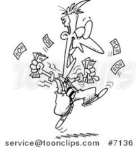 Cartoon Black and White Line Drawing of an Excited Business Man Holding Cash by Toonaday