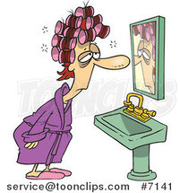 Cartoon Sleepy Lady with Curlers, Staring at Herself in a Mirror by Toonaday