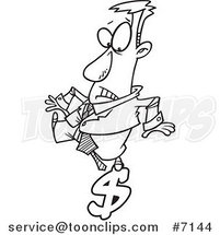 Cartoon Black and White Line Drawing of a Business Man Balancing on a Dollar Symbol by Toonaday