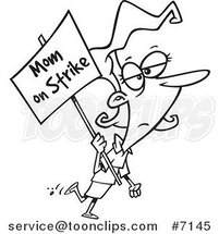 Cartoon Black and White Line Drawing of a Mom on Strike by Toonaday