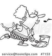 Cartoon Black and White Line Drawing of a Lady Whistling While Mopping by Toonaday