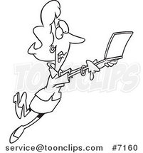 Cartoon Black and White Line Drawing of a Mobile Business Woman Taking off with Her Laptop by Toonaday