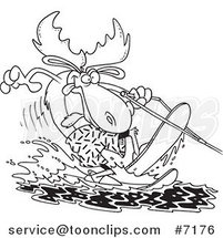 Cartoon Black and White Line Drawing of a Waterskiing Moose by Toonaday