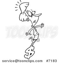 Cartoon Black and White Line Drawing of a Business Woman Balancing on a Dollar Symbol by Toonaday