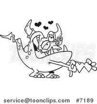 Cartoon Black and White Line Drawing of a Romantic Monster Holding Paper Hearts by Toonaday