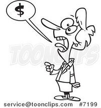 Cartoon Black and White Line Drawing of a Business Woman Shouting About Money by Toonaday