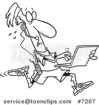 Cartoon Black and White Line Drawing of a Mobile Jogger Using a Laptop by Toonaday