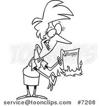 Cartoon Black and White Line Drawing of a Lady Burning Her Mortgage by Toonaday