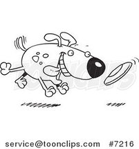 Cartoon Black and White Line Drawing of a Dog Fetching a Disc by Toonaday