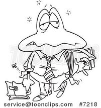 Cartoon Black and White Line Drawing of a Tired Frog Business Man by Toonaday