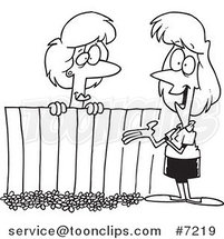 Cartoon Black and White Line Drawing of Lady Neighbors Chatting over a Fence by Toonaday