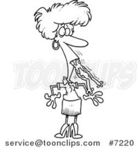 Cartoon Black and White Line Drawing of a Lady with a Frog in Her Throat by Toonaday