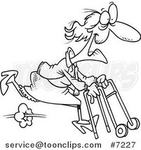 Cartoon Black and White Line Drawing of a Feisty Granny Running with a Walker by Toonaday